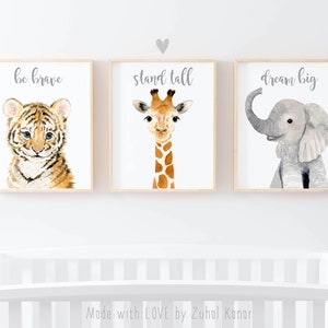 Safari Nursery Wall Art, Set of 3 Prints, Jungle Nursery, tiger, elephant, giraffe, neutral nursery, baby boy nursery , Safari Nursery Decor