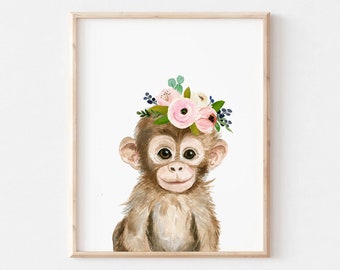 Baby monkey art print, monkey nursery decor, nursey safari prints, Nursery Wall Decor, Jungle animal prints, nursery wall art, nursery decor