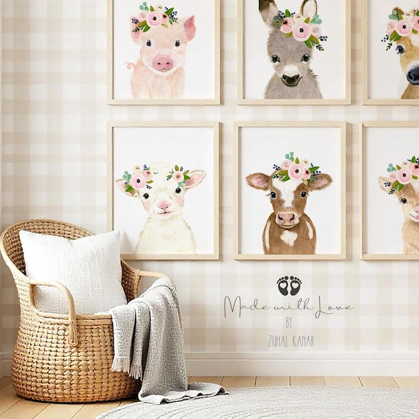 Farm nursery prints, Baby Girl Nursery Decor, Farm baby shower girl, duckling, lamb, piglet, foal, farm nursery prints, baby girl room art