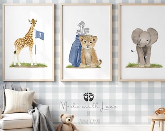 Golf Nursery Safari Decor, Golf Animals Nursery Prints , Golf Safari Animals Baby Shower Baby, Sports Golf Animal Prints Watercolor Golf