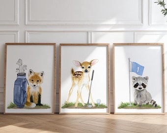 Golf Woodland Animals Prints, Golf Nursery Decor, Golf Sports Nursery, Sports Baby Animals Prints ,Boy Nursery Decor, Baby shower gift