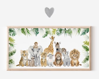 Décoration panoramique pour chambre d'enfant Safari, art de la chambre de bébé animal Safari, décoration de chambre de bébé non sexiste de la jungle, impression de chambre de bébé Safari, papier + toile