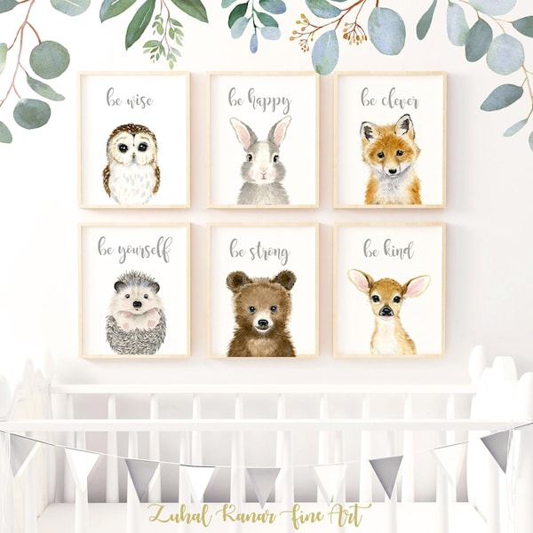 Woodland Nursery Decor, Print Set 6, Woodland Nursery Prints, Woodland Baby Animal Prints, Nursery quotes Wall Art, kids wall decor