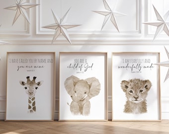 Safari Nursery Prints Set, Baby Animal Watercolor, Bible Verse Art