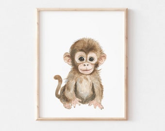 Baby Monkey Watercolor Print, Safari Nursery Decor
