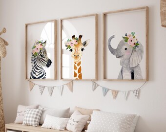 Decoração de quarto de bebê com tema safari, estampas de animais da selva, elefante, leão, zebra, conjunto com 3 estampas, arte de parede para quarto de bebê, arte para quarto de menina, quarto de bebê