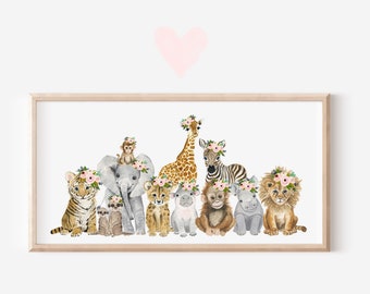 Décoration panoramique pour chambre d'enfant Safari, art animalier Safari pour chambre de bébé, décoration de chambre de bébé fille Safari, baby shower, impression sur toile pour chambre de bébé Safari