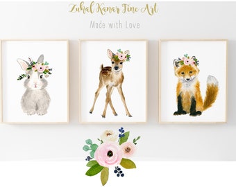 Nursery wall art woodland nursery decor woodland nursery prints et of 3, rabbit  fox deer woodland baby shower, girl's nurser baby shower