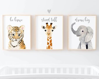 Safari Nursery Wall Art, Set of 3 Prints, Jungle Nursery, tiger, elephant, giraffe, neutral nursery, baby boy nursery , Safari Nursery Decor