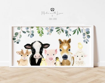 Farm Animals Watercolor Nursery Pano Canvas Art