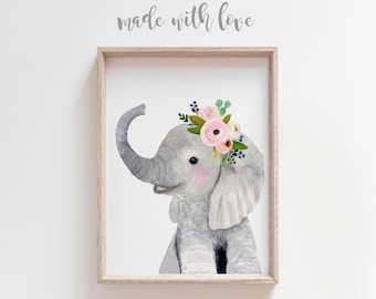 Elephant Nursery Print, elephant baby shower decor, elephant painting, elephant nursery decor, flower crown elephant, Safari Nursery Decor