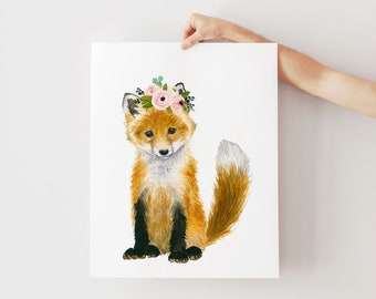 Watercolor fox painting, Woodland Nursery Art, Animal prints, Nursery Wall Art, Woodland baby  Wall Decor, Woodland babyshower girl decor