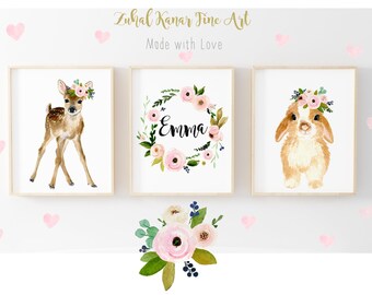 Nursery Print Set, Nursery decor, woodland bursery Girl, pink flower crown deer and rabbit, wreath with personalization, baby animal prints