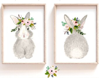 Nursery wall decor, Woodland nursery decor, Animal Prints, Baby girl nursery, Woodland baby shower gift, Rabbit nursery, Rabbit painting