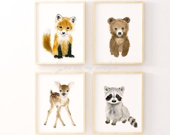 Woodland nursery prints, Set of 4 Prints, Animal Prints neutral, bear , deer, raccoon,fox, nursery decor, Nurser prints, nursery wall art