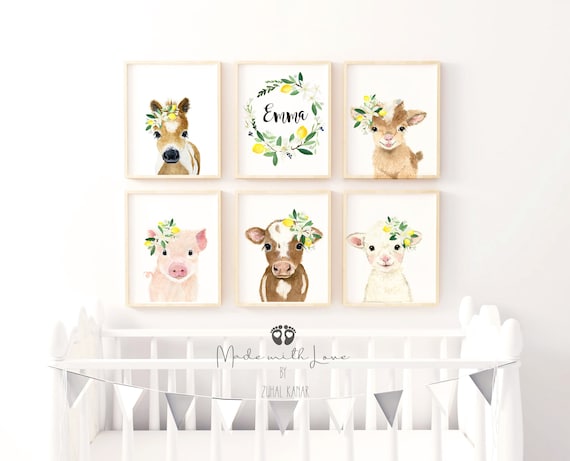 Farm Nursery Animal Prints, Baby Farm Animals Nursery, Lemon Nursery, Baby Girl Nursery, Grandkid Room Gift, Personalized Nursery Gift