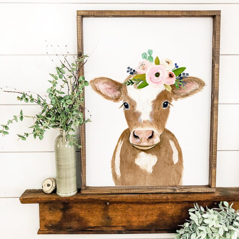 Cow painting nursery print cow decor Flower crowned brown calf Etsy