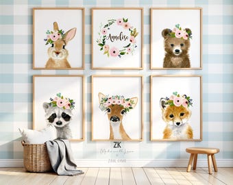 Woodland Nursery Decor, Nursery Prints, Nursery Wall art, Woodland Baby shower, Woodland Animal Print, Flower crown animals, Forest Nursery