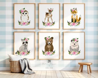 Woodland Nursery Prints with Flowers, Baby Girl Woodland Personalized Decor, Woodland Baby Shower Gift
