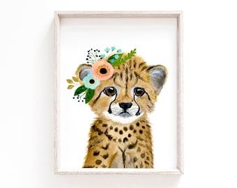 保育園のサファリの赤ちゃん、チーターの子、動物の絵、水彩画の