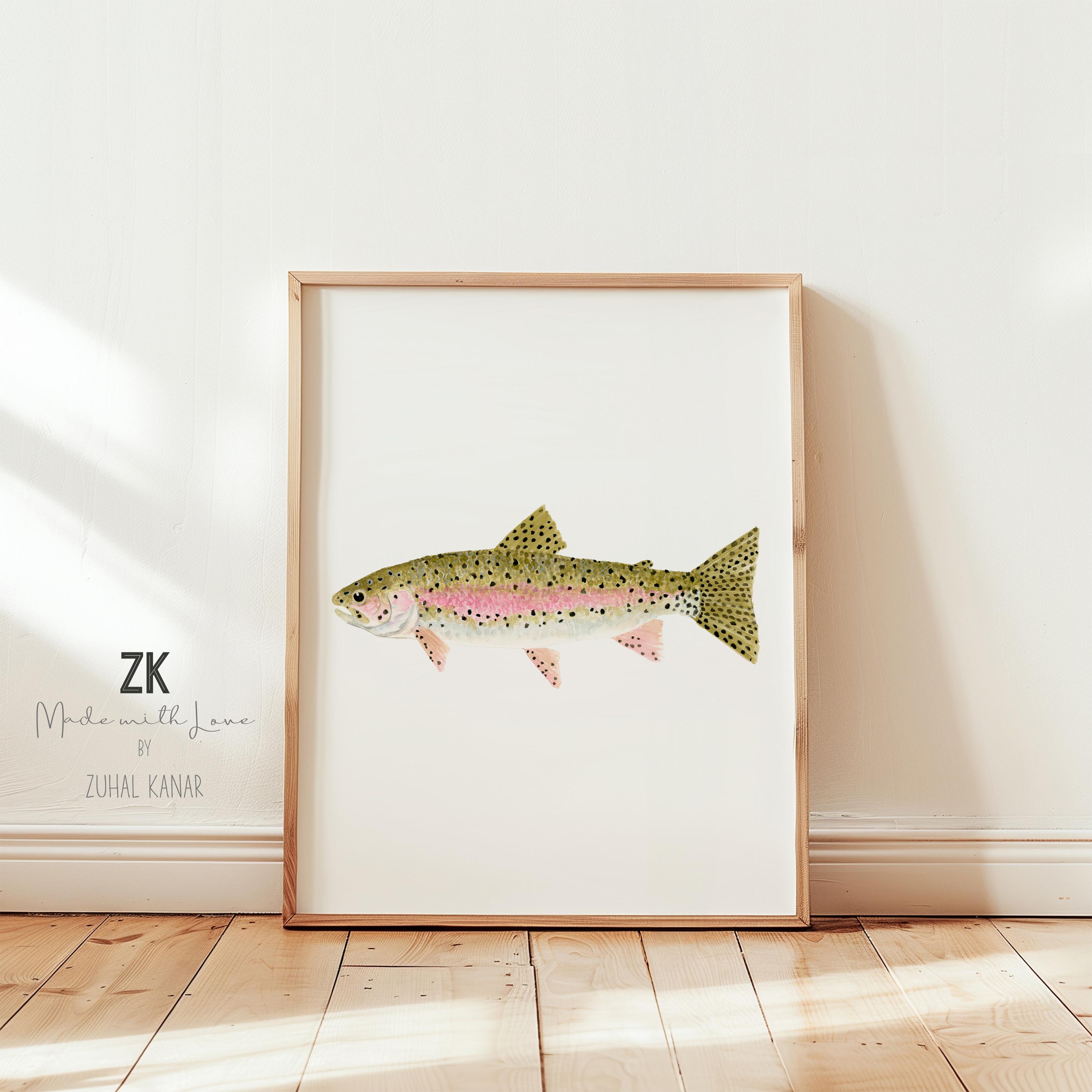 ニジマスの絵画、水彩画ニジマスのプリント、釣りアートプリント、湖畔