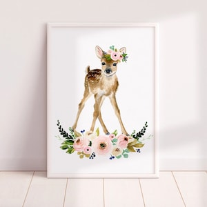 Floral baby deer, Watercolor fawn, Woodland Nursery, Animal art, deer fawn, Animal Wall Art, Childrens Wall art, Kids poster, deer painting