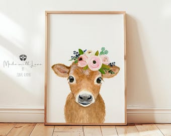 Cow painting nursery print, cow decor, Flower crowned brown calf, farm nursery decor, farm nursery prints, farmhouse decor gift