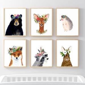 Woodland animals print set, Set of 6 Prints, raccoon, hedgehog, fox, deer, rabbit, bear, floral nursery prints, nursery wall art image 1