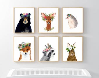 Woodland animals print set, Set of 6 Prints, raccoon, hedgehog, fox, deer, rabbit, bear, floral nursery prints, nursery wall art