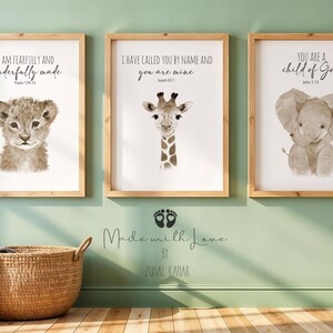 Safari Nursery Prints Set, Baby Animal Watercolor, Bible Verse Art image 2