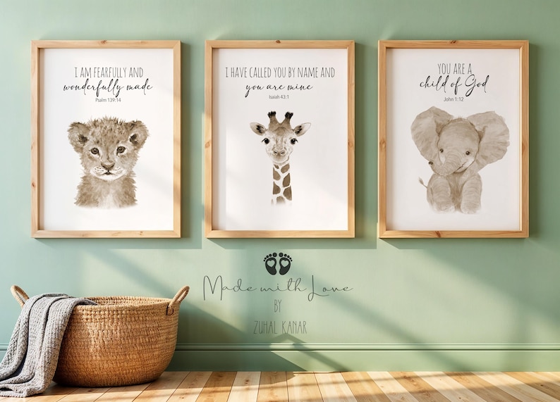 Safari Nursery Prints Set, Baby Animal Watercolor, Bible Verse Art image 2