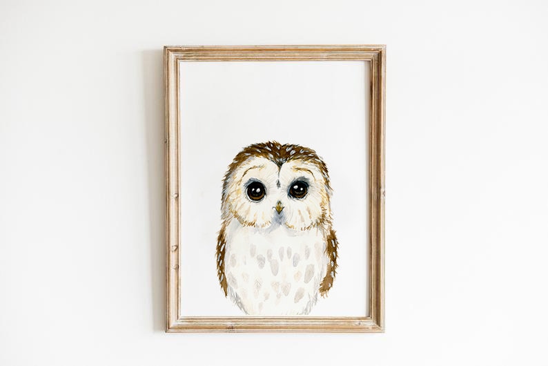 Watercolor Owl Art, Owl Woodland nursery decor, Woodland baby shower, Owl Print decor, woodland anim