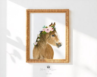 Lámina de caballo y potro para guardería, decoración de animales de granja, póster infantil, lámina de caballo bebé, lámina de animales bebés, regalo de caballo con corona de flores