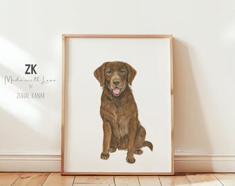 Akwarela z czekoladowym labradorem retrieverem, malowanie psa myśliwskiego, sztuka w pokoju dziecięcym z labradorem retrieverem, pokój dziecięcy z kaczkami, pokój dziecięcy z psem myśliwskim