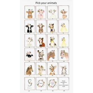 May include: A chart with 24 images of farm animals wearing flower crowns. The animals include a pig, goat, cow, duck, sheep, horse, donkey, and rabbit. The chart also includes three images with text: "Sophia", "Emma", and "One day you will thank yourself for working hard today".