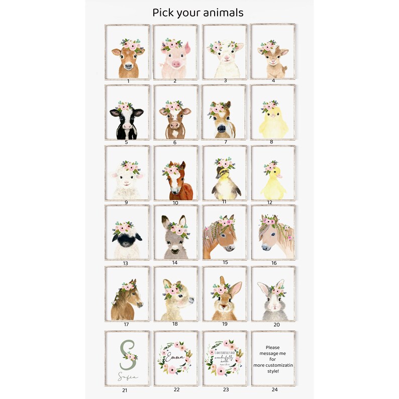 May include: A chart with 24 images of farm animals wearing flower crowns. The animals include a pig, goat, cow, duck, sheep, horse, donkey, and rabbit. The chart also includes three images with text: "Sophia", "Emma", and "One day you will thank yourself for working hard today".