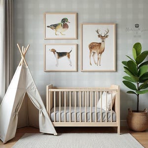 Aquarell Fischen Jagd Art Set, Fischen Art Print, Kinderzimmer Jagddrucke Reh, Kinderzimmer Bass Fisch, Fischdekor, Stockente Ente, Rehdruck