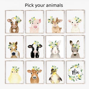 May include: A set of 10 watercolor animal illustrations with floral wreaths. The animals include a cow, pig, goat, lamb, horse, bunny, donkey, chick, duck, and a wreath with the name "Mia".