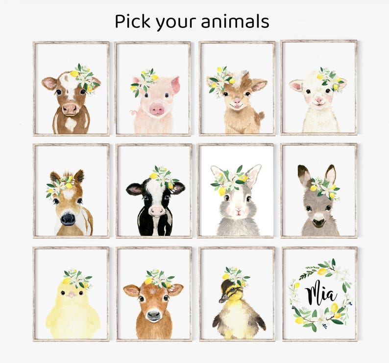 May include: A set of 10 watercolor animal illustrations with floral wreaths. The animals include a cow, pig, goat, lamb, horse, bunny, donkey, chick, duck, and a wreath with the name "Mia".