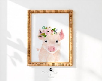Lámina artística de cerdito, corona de flores, decoración infantil de granja.