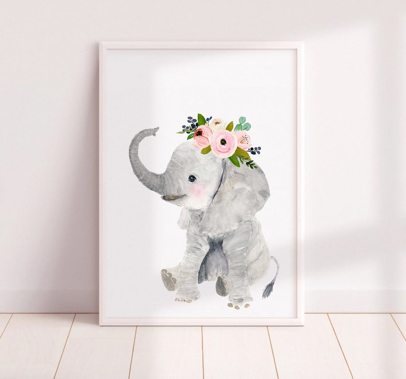May include: A watercolor illustration of a gray elephant wearing a pink and white flower crown. The elephant is sitting with its trunk raised and its ears spread out.