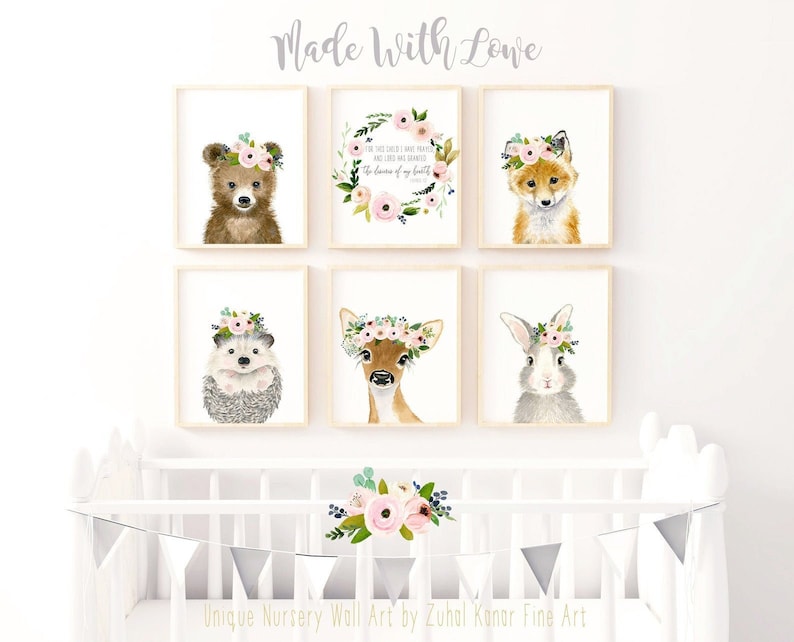 Woodland Nursery Decor, Nursery Prints, Nursery Wall art, Woodland Baby shower, Woodland Animal Print, Flower crown animals, Forest Nursery image 3