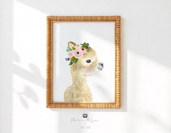 Watercolor Alpaca Nursery Art, Baby room lama Decor, Lama nursery, Baby girl room decor lama, Alpaca Art Print, Flower nursery Prints
