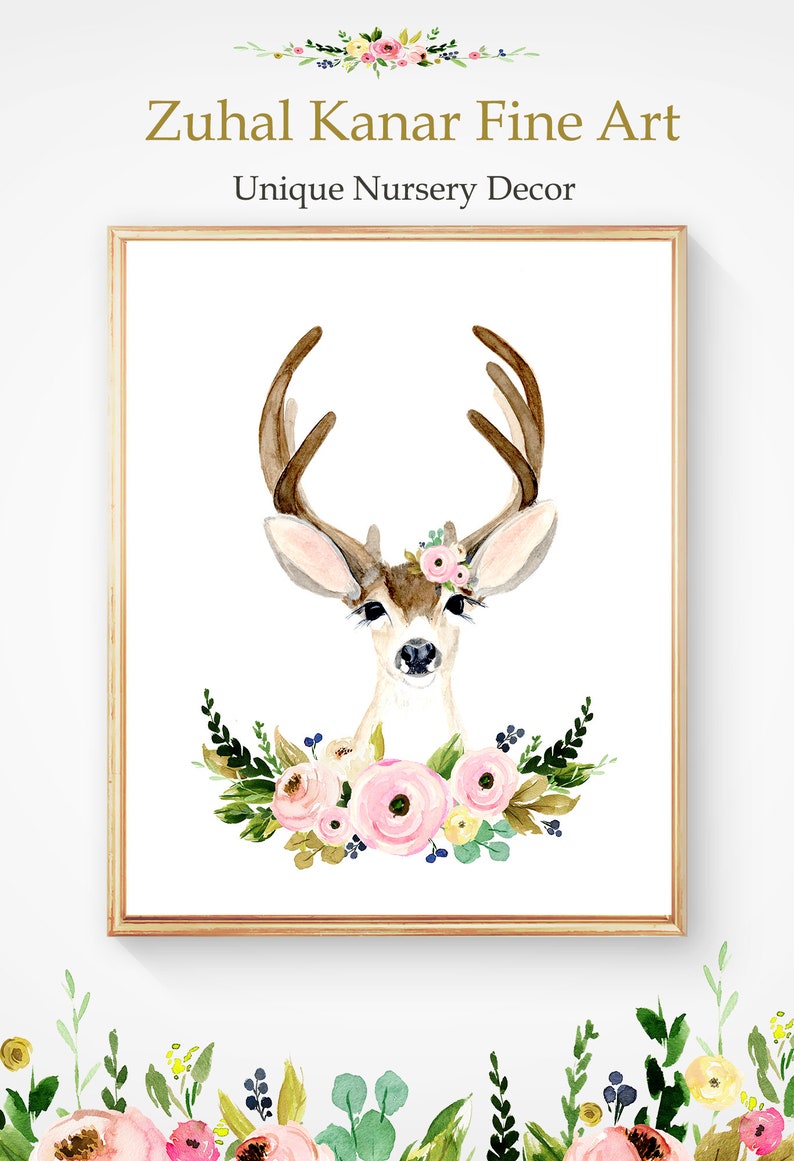 Floral Deer Print Flower Crown Deer Antler Nursery Deer Etsy