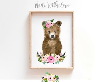 Baby bear painting, Nursery Animal Paintings, Floral nursery prints, Animal Wall Art, Childrens Wall Decor, Kids Art Print, nursery decor