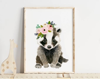 Badger nursery Print Woodland Nursery Decor, Nursery Wall Art, Badger Art, Animals Nursery, Nursery Decor, Woodland Animals, Kids Room Decor