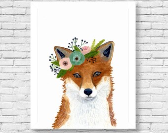 Watercolor Fox Print, Floral Crown, Woodland Nursery Art