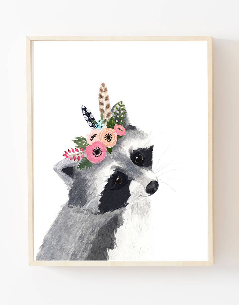 Woodland animals print set, Set of 6 Prints, raccoon, hedgehog, fox, deer, rabbit, bear, floral nursery prints, nursery wall art image 4