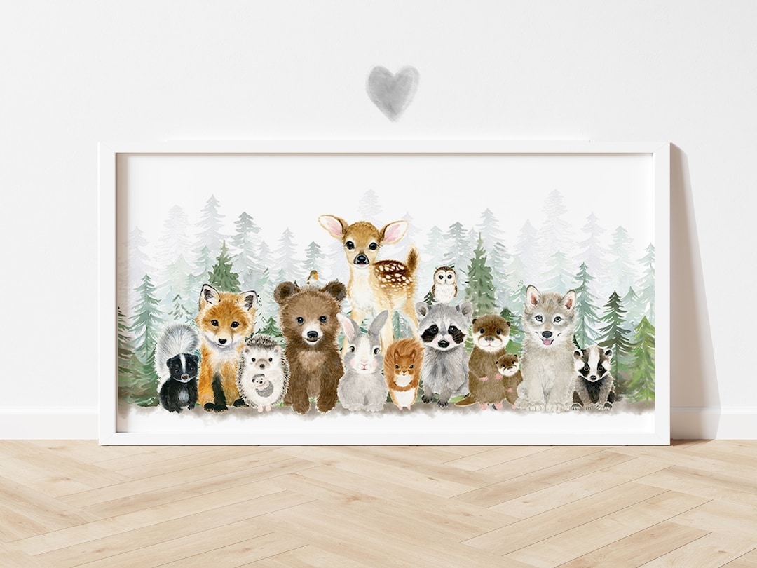 Woodland Baby Animals Watercolor Nursery Print, Panoramic Decor - Etsy
