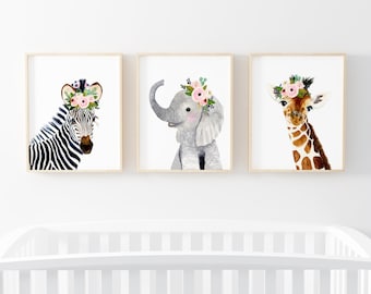 Safari Nursery Decor Animal Nursery Prints Girl nursery wall art elephant Nursery giraffe print Safari baby shower decor Flower crown animal